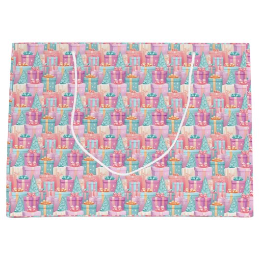 パステルクリスマスプレゼント&ツリーズ紙 ラージペーパーバッグ (正面)