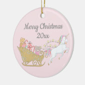 パステルクリスマスユニコーンサンタそりのピンク セラミックオーナメント (左)