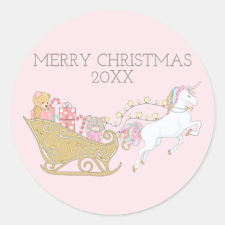 パステルクリスマスユニコーンサンタのそりピンク ラウンドシール