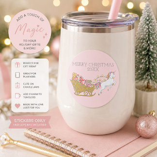 パステルクリスマスユニコーンサンタのそりピンク ラウンドシール