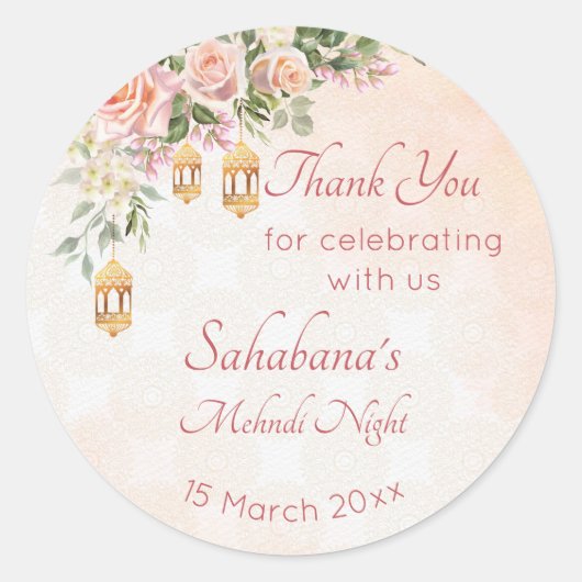 パステルクリームピンクのバラとモロッコのランタン ラウンドシール (正面)