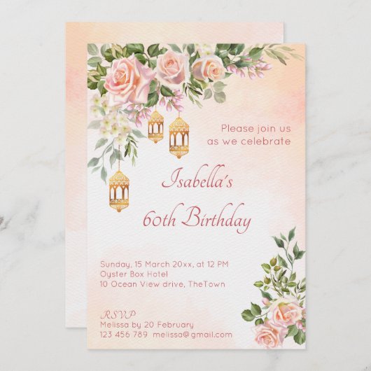 パステルクリームピンクのバラとモロッコのランタン 招待状 (正面/裏面)