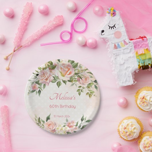 パステルクリーム赤面ピンクローズパーソナライズされた ペーパープレート (パーティー)