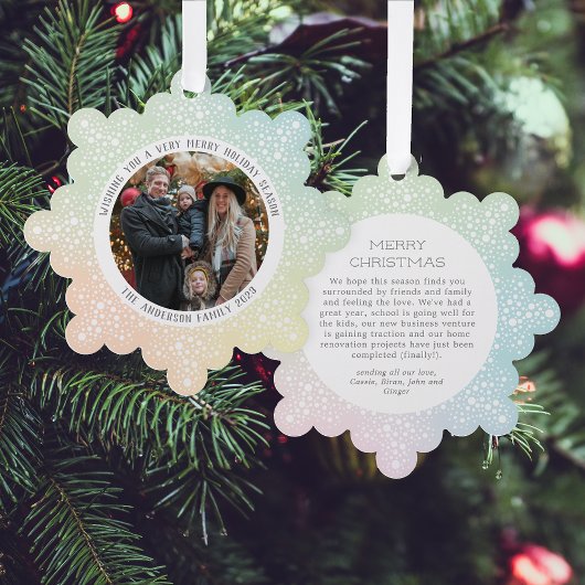 パステルグラディエントブリザードドット雪のフォトホリデー オーナメントカード