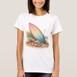 パステルグラデーションのサーフボードとビーチの花 Tシャツ