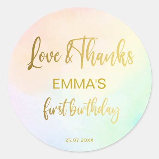 パステルグラデーションレインボーの最初のバースデ感謝していィア ラウンドシール (正面)