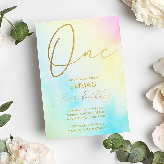 パステルグラデーションレインボー初誕生日パーティー 招待状
