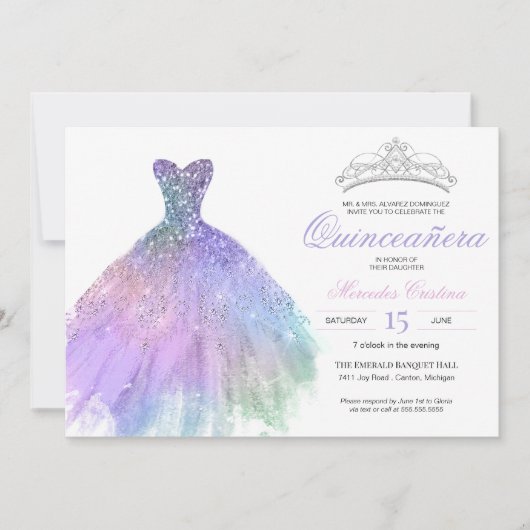 パステルグリッターマーメイドユニコーンレインボーキンセニェラ 招待状 (正面)