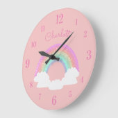 パステルグリッターレインボーと名前をカスタムするオンピンク ラージ壁時計 (傾斜)