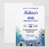 パステルグリーンとブルーのピーコックの羽の誕生日 招待状 (正面/裏面)