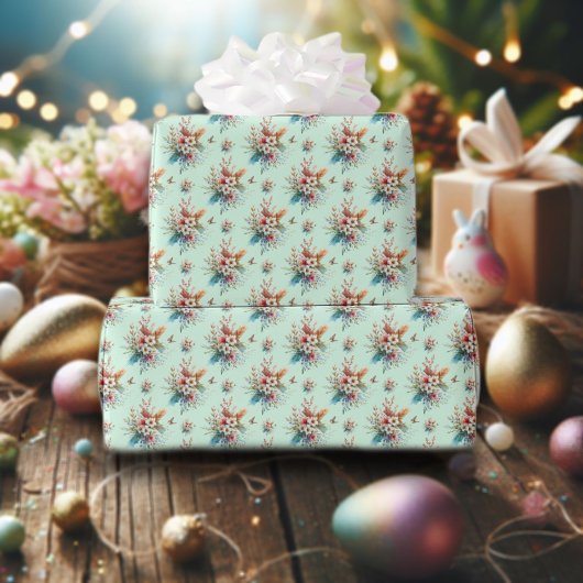 パステルグリーンウォーターカラーフローラクロスイースター ラッピングペーパー