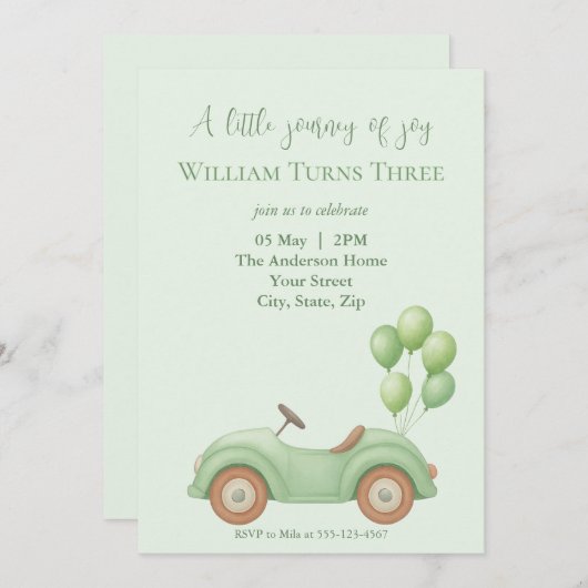 パステルグリーンカー&バルーン誕生日の招待 招待状 (正面/裏面)