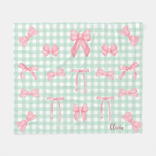 パステルグリーンジンガムピンクボウフリースブランケット フリースブランケット (正面(横))