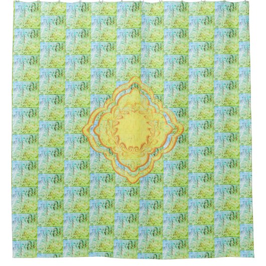 パステルグリーンズアンドゴールデンメダリオンズ抽象芸術アート シャワーカーテン (正面)