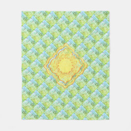 パステルグリーンズアンドゴールデンメダリオンズ抽象芸術アート フリースブランケット