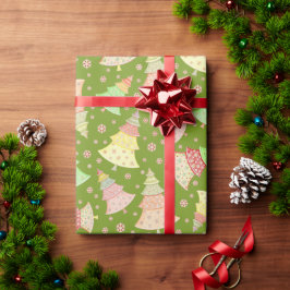 パステルグリーンピンクイエローホリデークリスマスツリー ラッピングペーパー