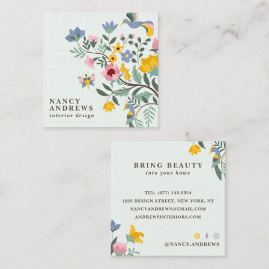 パステルグリーンフローラブーケお洒落イラストレーション スクエア名刺 (正面/裏面)