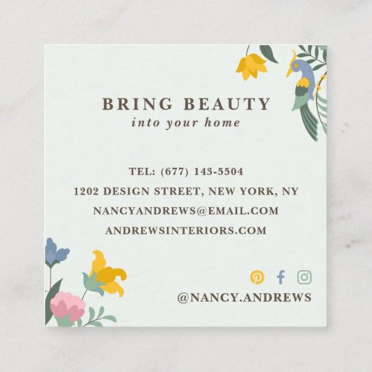 パステルグリーンフローラブーケお洒落イラストレーション スクエア名刺 (裏面)