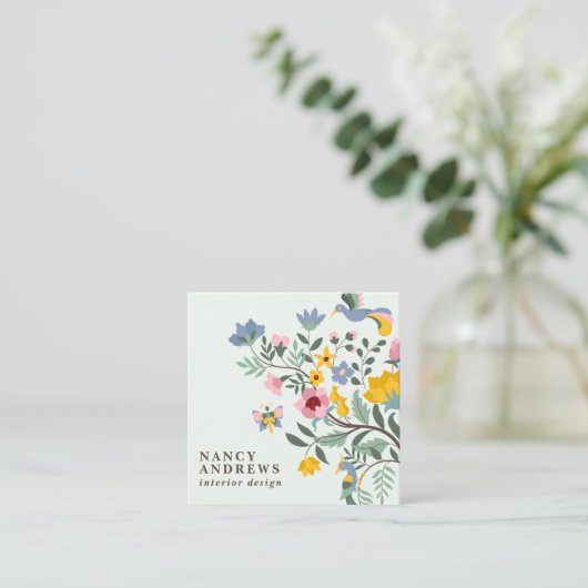 パステルグリーンフローラブーケお洒落イラストレーション スクエア名刺 (スタンド正面)