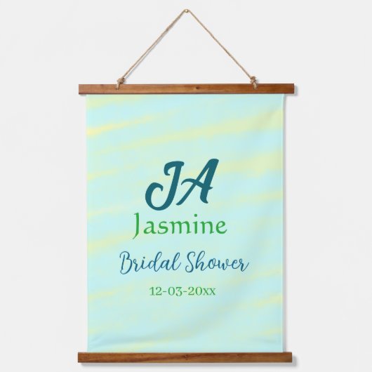 パステルグリーンブルーの水彩ウェディングシャワー名の日付 吊り下げ型タペストリー (正面)