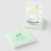 パステルグリーンブルーの水彩画 ブライダルシャワーの名前 ストーンコースター (横)