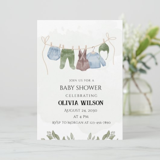 パステルグリーンベージュのベビーシャワー招待状 招待状 (スタンド正面)