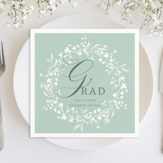 パステルグリーンホワイトワイルドフラワーリース卒業 スタンダードカクテルナプキン