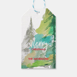 パステルグリーンモダンクリスマスツリーウォーターカラーアート ギフトタグ