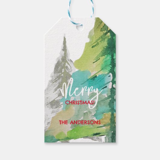 パステルグリーンモダンクリスマスツリーウォーターカラーアート ギフトタグ (正面)