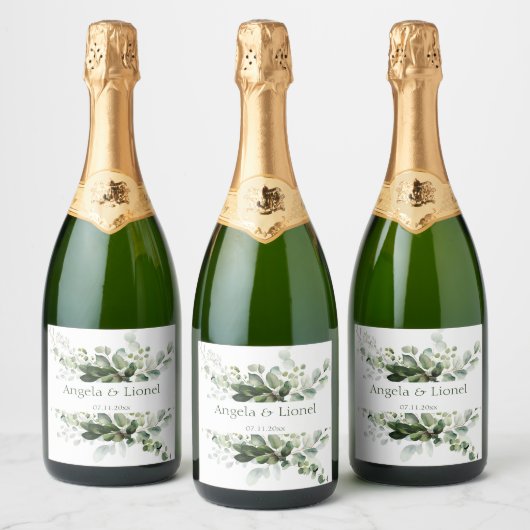 パステルグリーンユーカリプトゥスフォージエレガンス結婚ズ スパークリングワインラベル (ボトル)