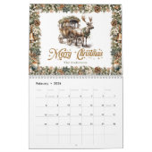 パステルグリーンリースと金ゴールドトナカイとスリー カレンダー (2月 2026)