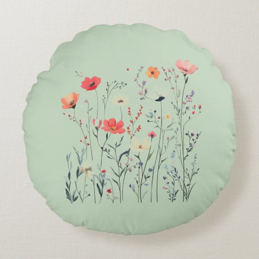 パステルグリーンワイルドフラワーズデザイン、フローラブリーズ、 ラウンドクッション (正面)