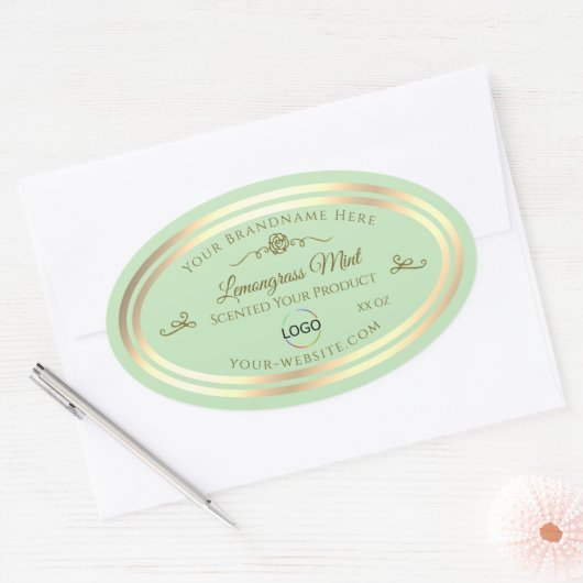 パステルグリーン製品ラベル金ゴールドフレーム(ロゴ付き) 楕円形シール (封筒)