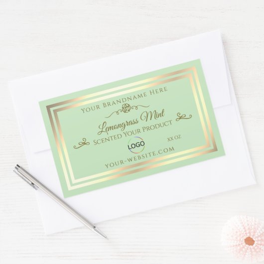 パステルグリーン製品ラベル金ゴールドフレーム(ロゴ付き) 長方形シール (封筒)
