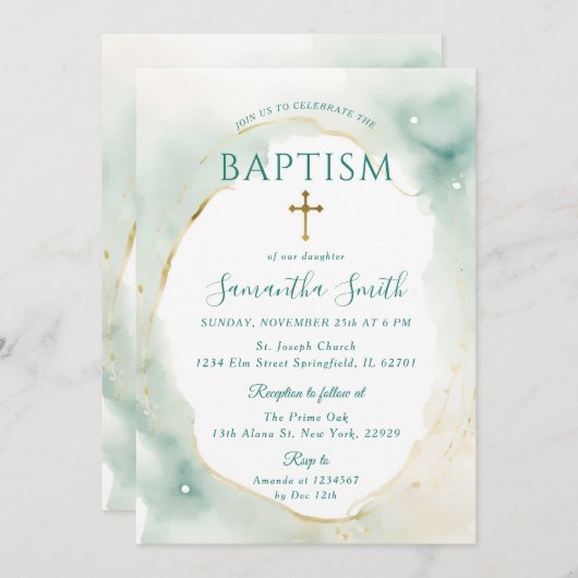 パステルグリーン金ゴールドクロス《キリスト教》洗礼式や命名式バプテスマ 招待状 (正面/裏面)