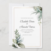 パステルグリーン金ゴールド葉美しいフローラ結婚ズ 招待状 (正面)
