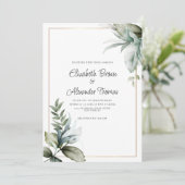 パステルグリーン金ゴールド葉美しいフローラ結婚ズ 招待状 (スタンド正面)