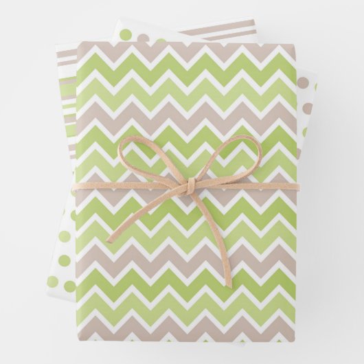パステルグリーン&タン水玉模様ストライプズジグザグザグ ラッピングペーパーシート (インサイチュ)