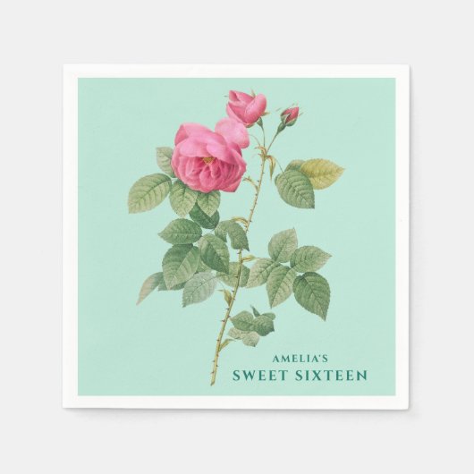 パステルグリーン&ピンクローズボタニカル スタンダードカクテルナプキン (正面)