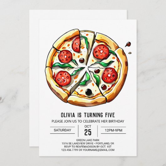 パステルグルメピザ誕生日 招待状 (正面/裏面)