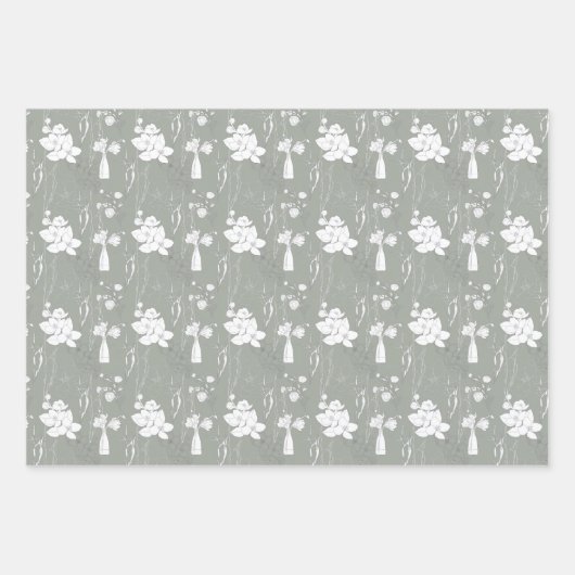 パステルグレイの花と花弁の花瓶 ラッピングペーパーシート (正面)