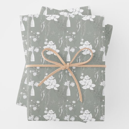パステルグレイの花と花弁の花瓶 ラッピングペーパーシート (インサイチュ)