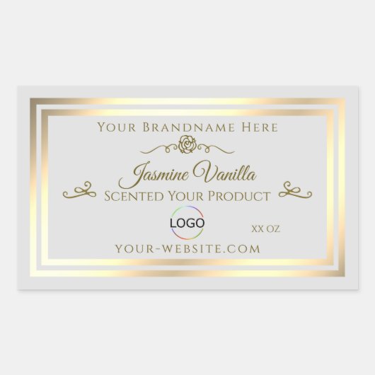 パステルグレー製品ラベル(金ゴールドフレームとロゴ付き) 長方形シール (正面)