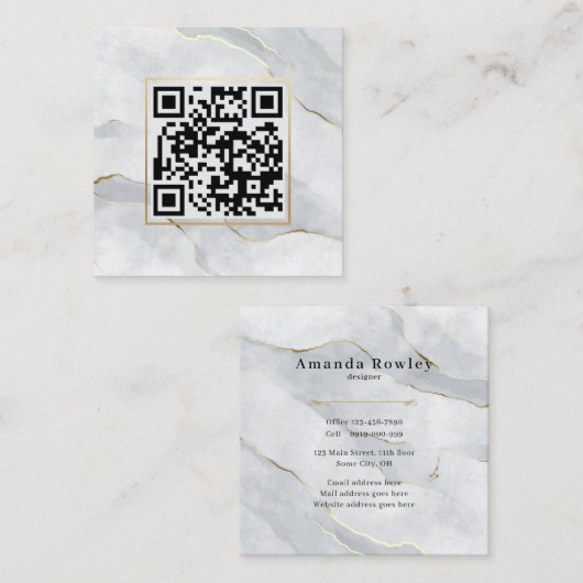 パステルグレー金ゴールドラインQRコードミニマリストシック スクエア名刺 (正面/裏面)