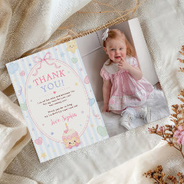 パステルケーキパーティー女の子1歳の誕生日写真 サンキューカード