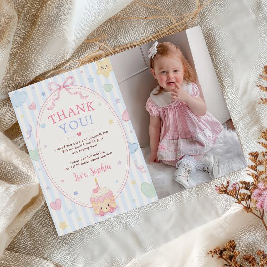 パステルケーキパーティー女の子1歳の誕生日写真 サンキューカード