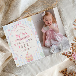 パステルケーキパーティー女の子1歳の誕生日写真 招待状