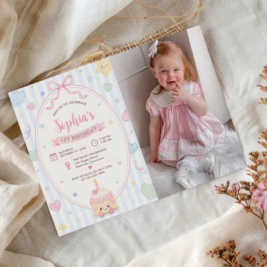 パステルケーキパーティー女の子1歳の誕生日写真 招待状
