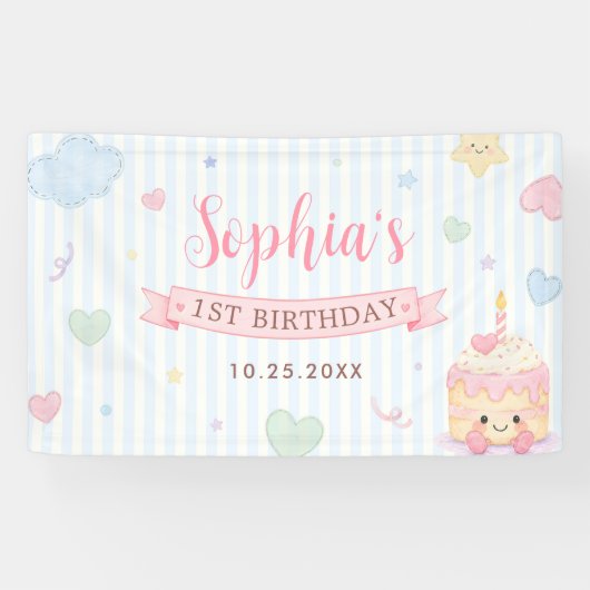 パステルケーキパーティー女の子1歳の誕生日 横断幕 (横)