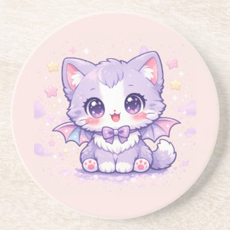 パステルコウモリにゃんこ かわいいラベンダーの羽根 コースター